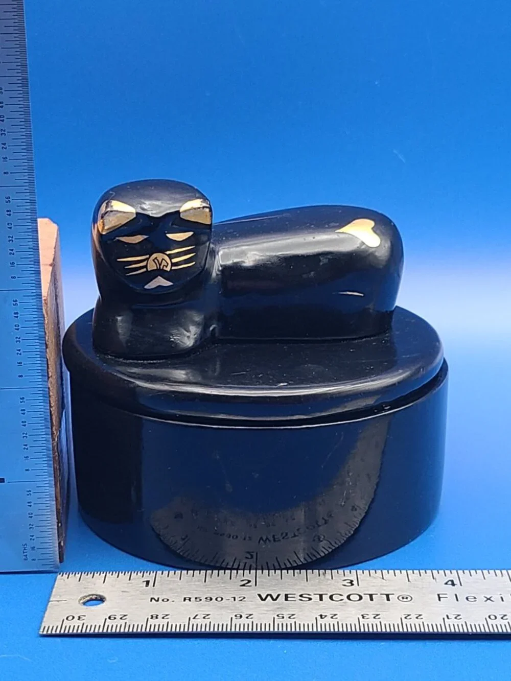 Vintage Black Gold Cat Round Trinket or Powder Box 4
